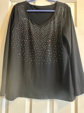 Black Long-Sleeve V-Neck Top with Silver Stud Detail